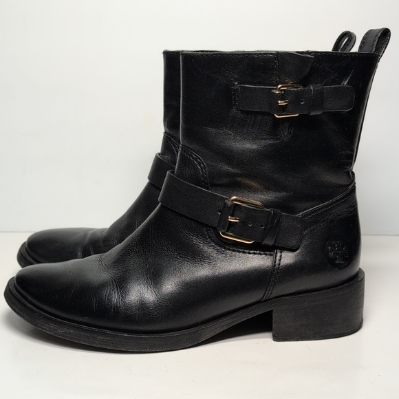 Tory Burch Bennie Black Combat Moto Boots with Buckle Straps womans size 7.5 - Picture 2 of 16